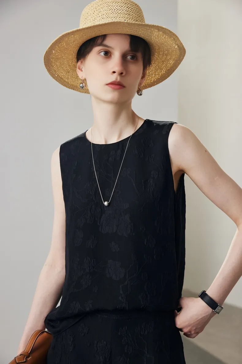 100% Mulberry Silk Embroidered Shell Tank Top