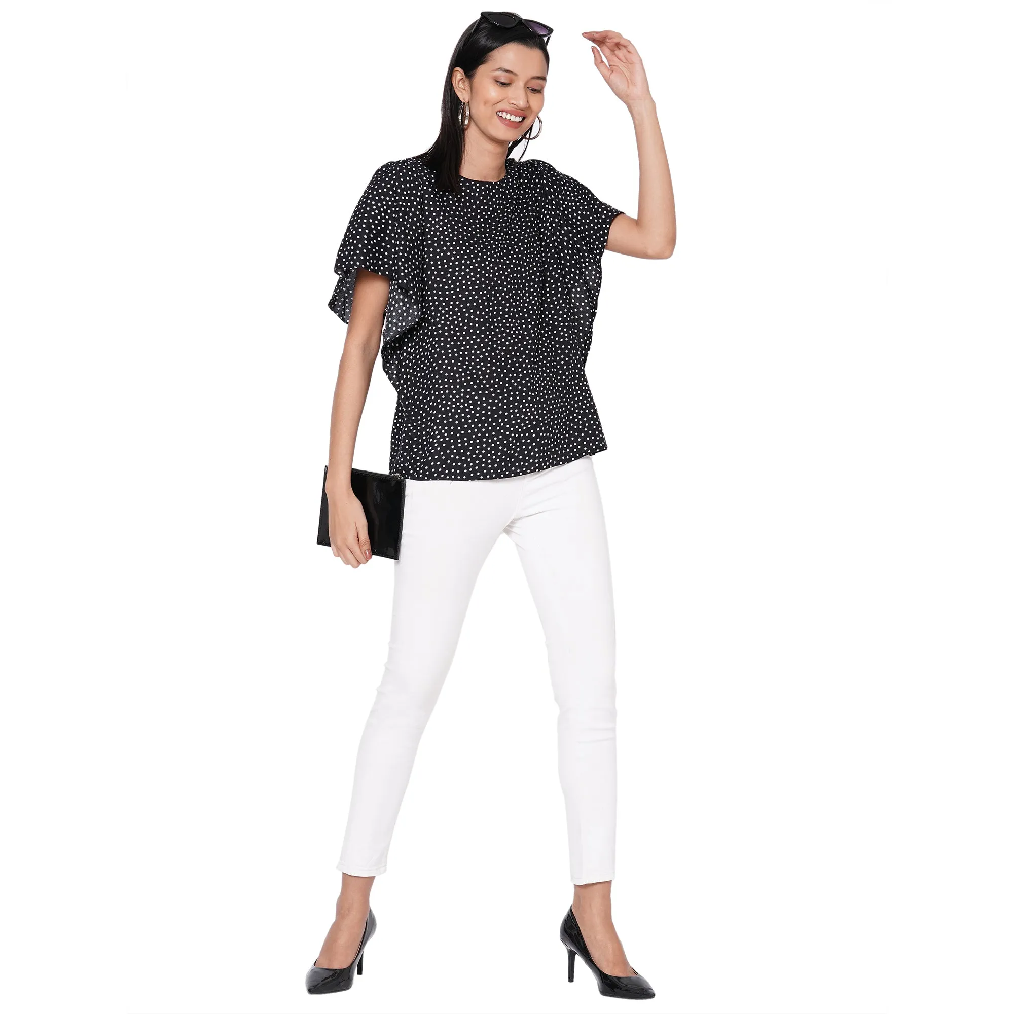 109F Black Polka Dot Top With Short Sleeves