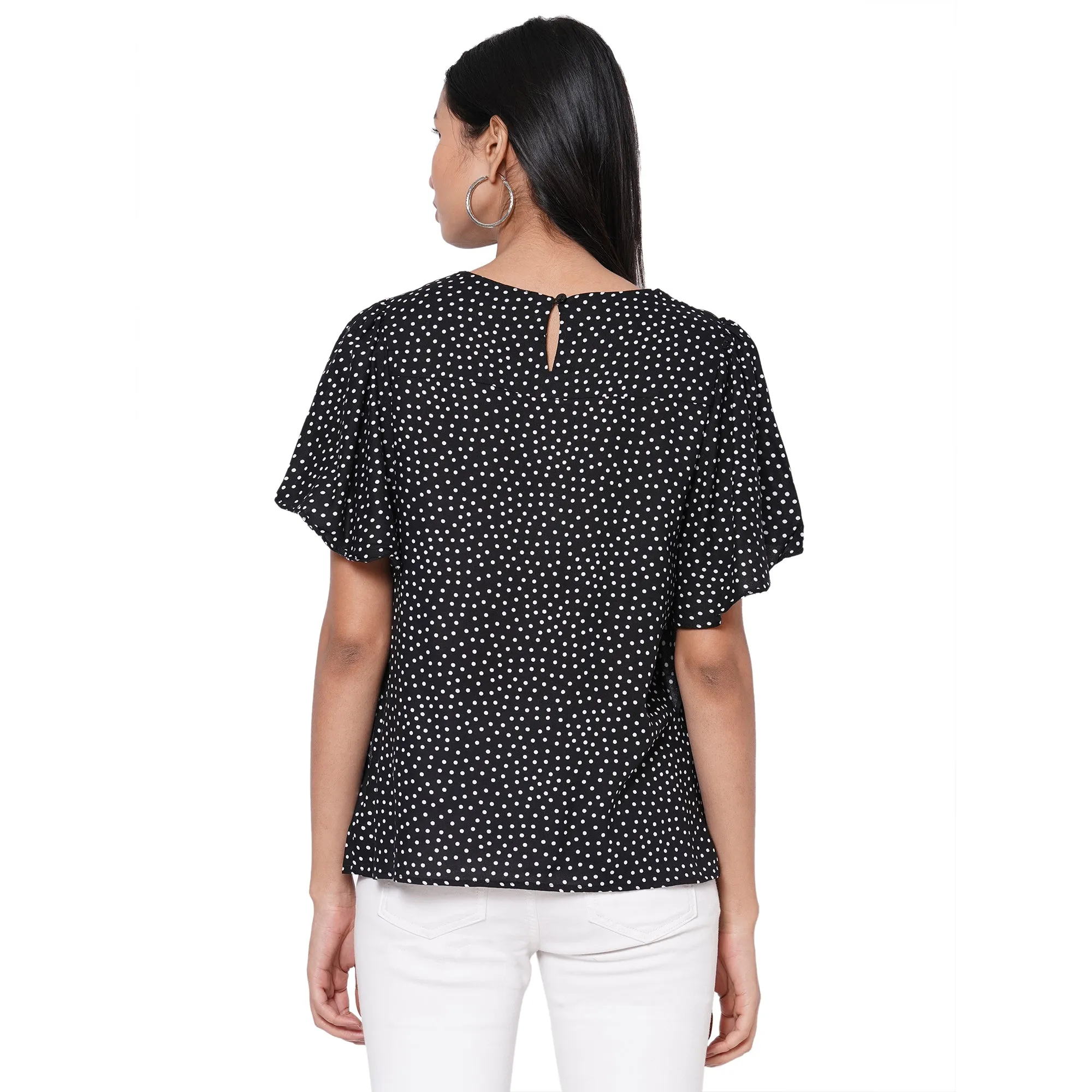 109F Black Polka Dot Top With Short Sleeves