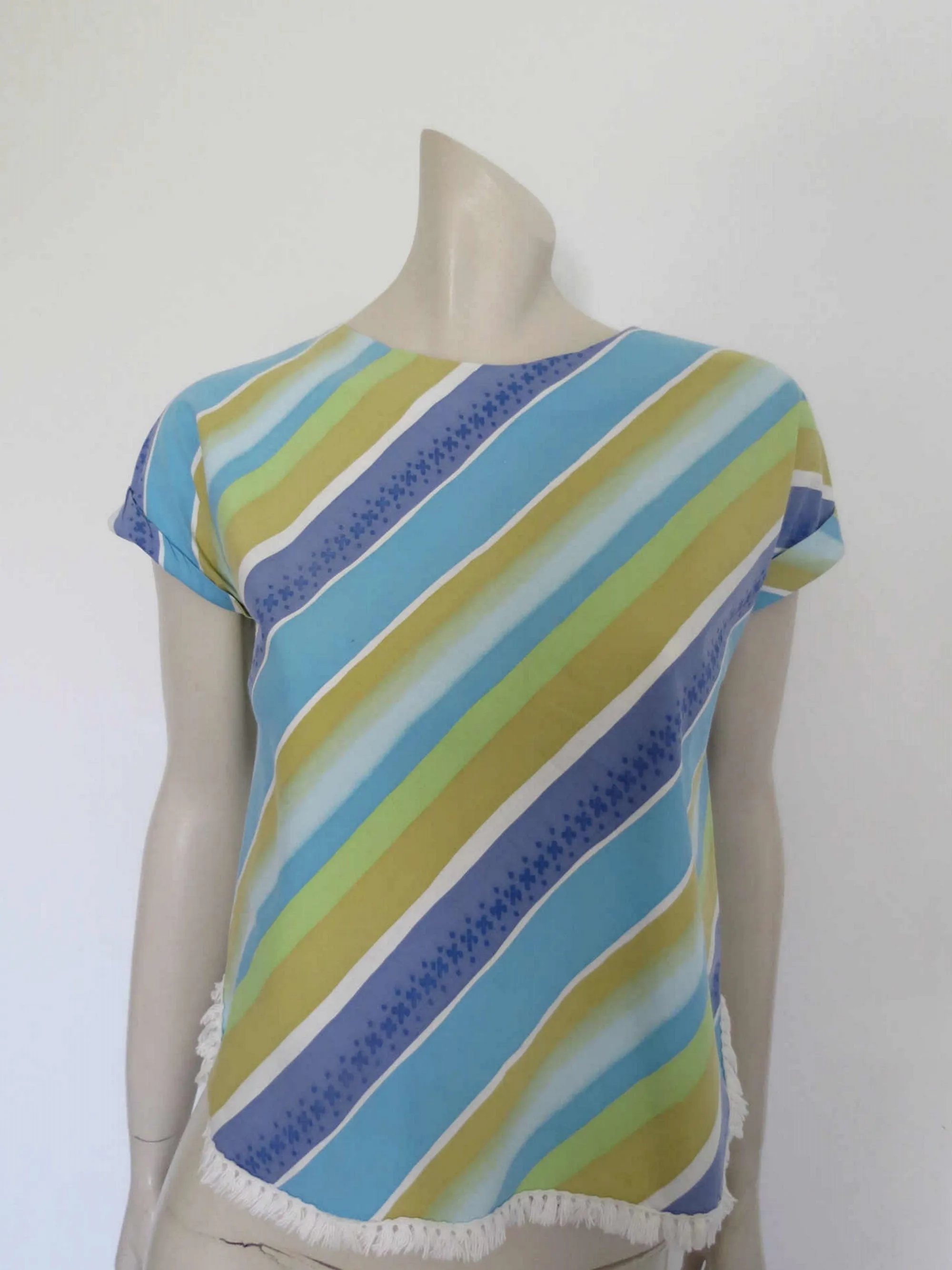 1960s Blue Striped Cotton Top With Fringe - Bust 89 cm