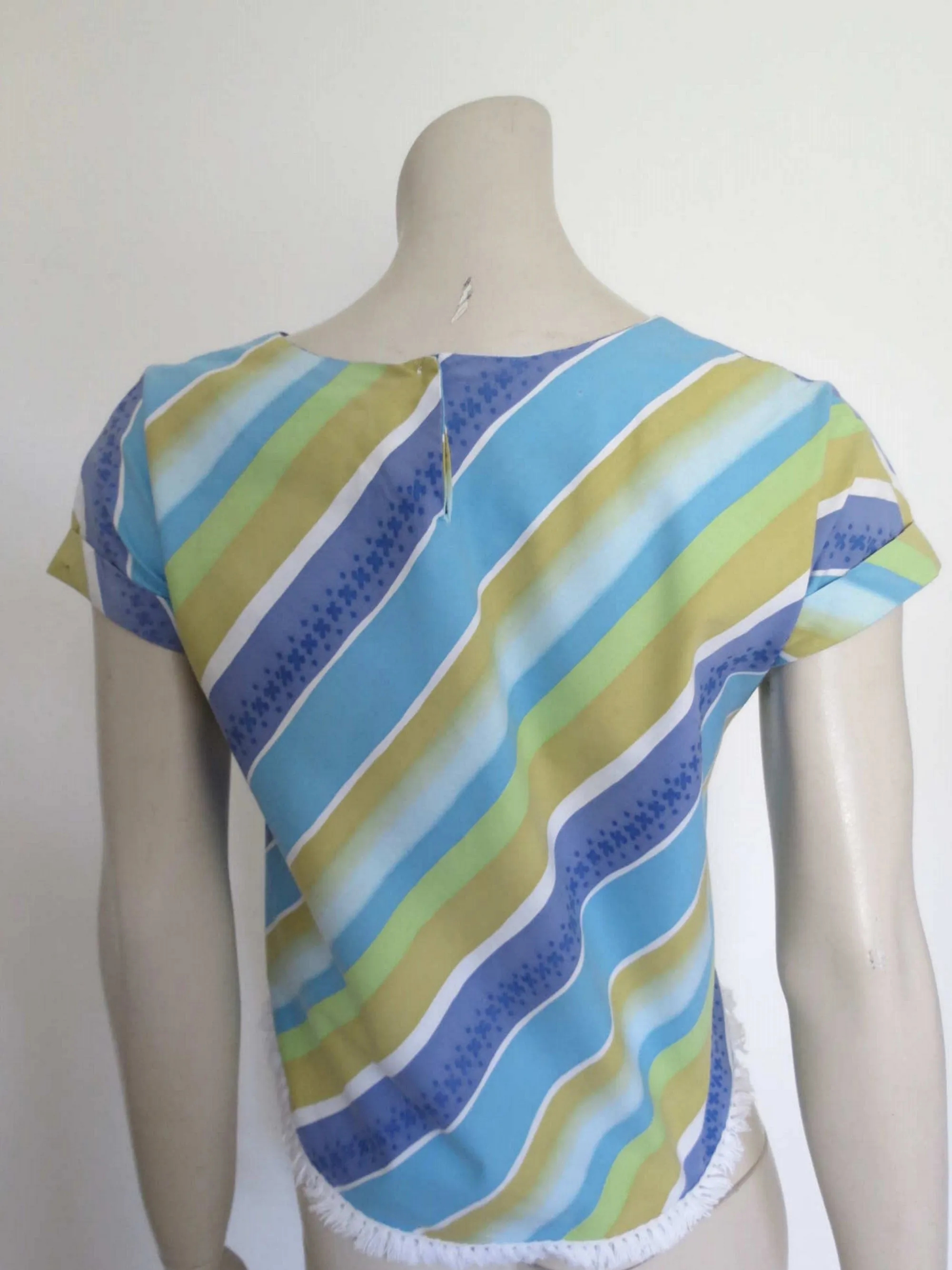 1960s Blue Striped Cotton Top With Fringe - Bust 89 cm