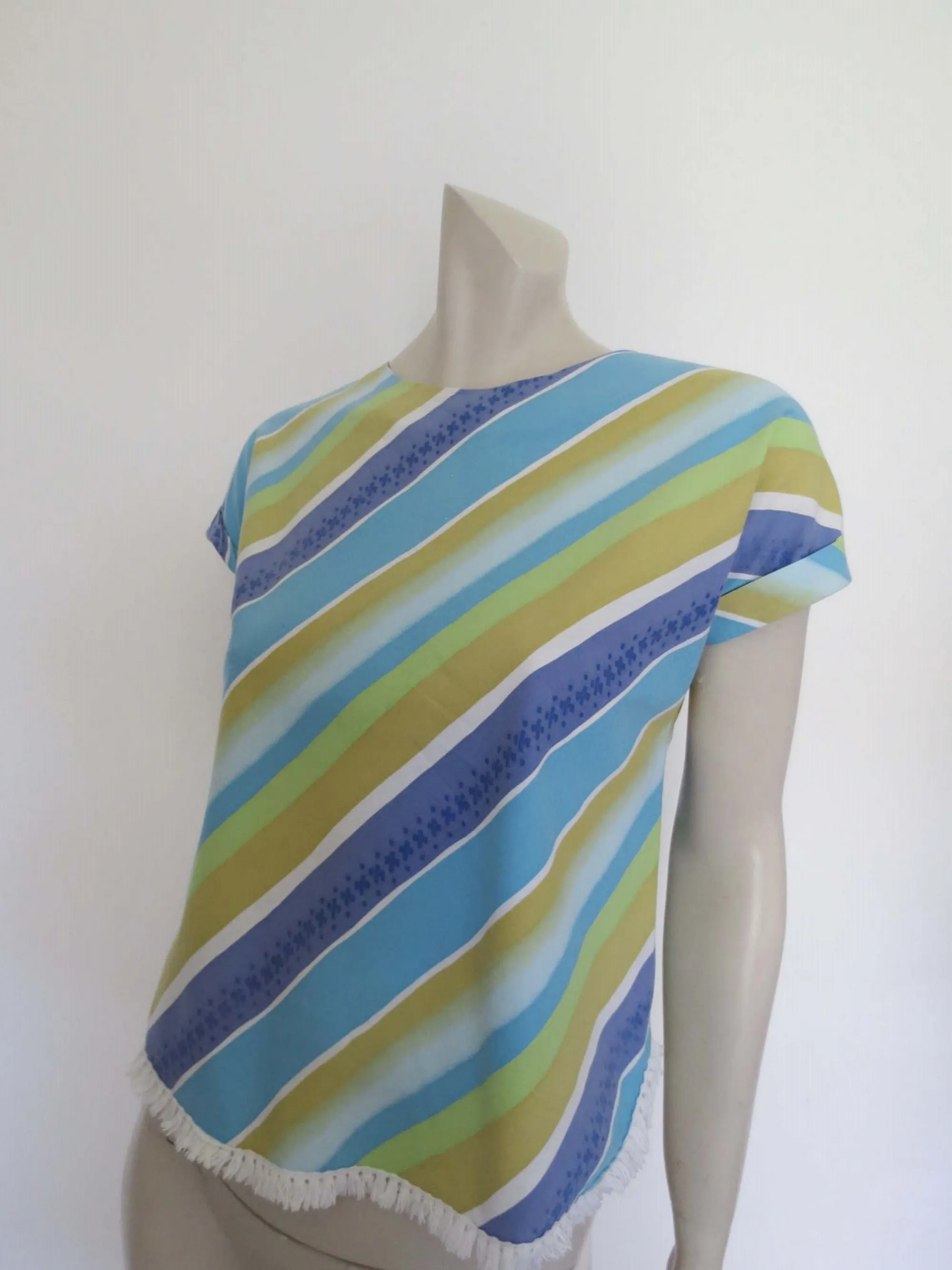 1960s Blue Striped Cotton Top With Fringe - Bust 89 cm