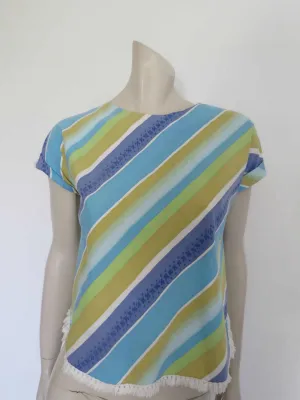 1960s Blue Striped Cotton Top With Fringe - Bust 89 cm