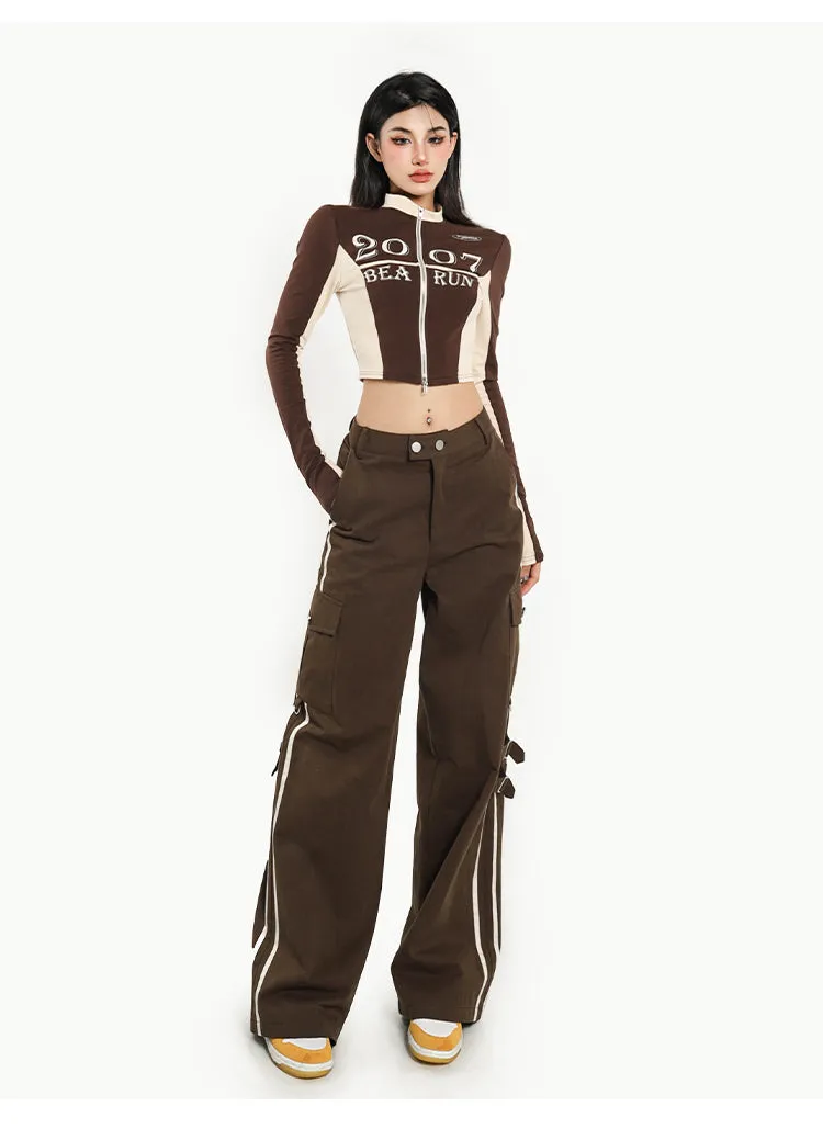 2007 Patchwork Long Sleeve Zip Up Cropped Top
