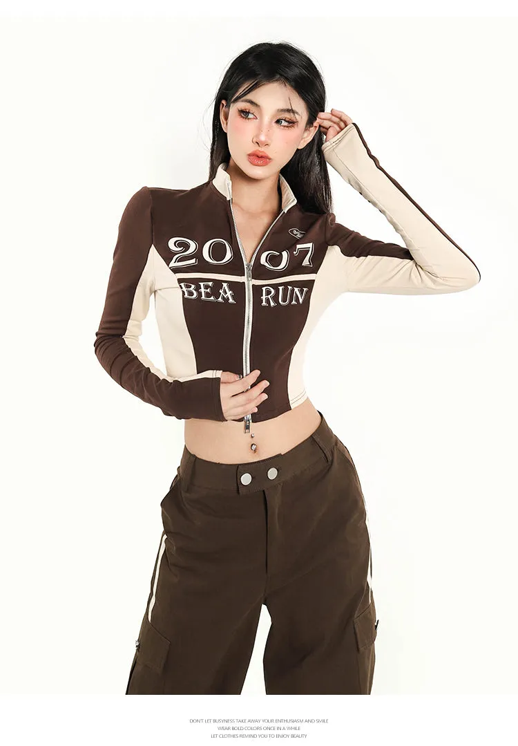 2007 Patchwork Long Sleeve Zip Up Cropped Top