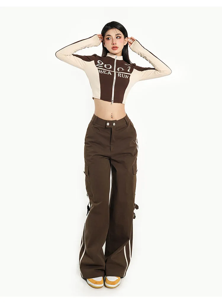 2007 Patchwork Long Sleeve Zip Up Cropped Top