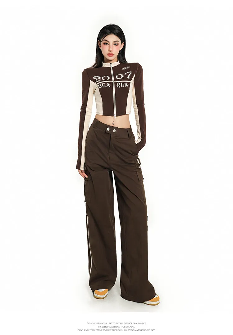 2007 Patchwork Long Sleeve Zip Up Cropped Top
