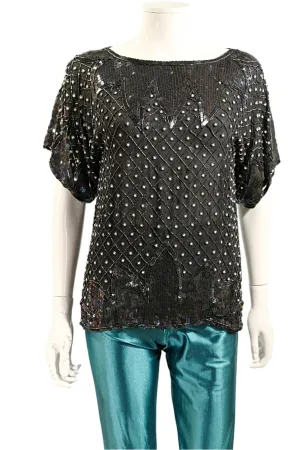70s Black Silk Beaded/Sequin Top, Relaxed Fit Party Top S