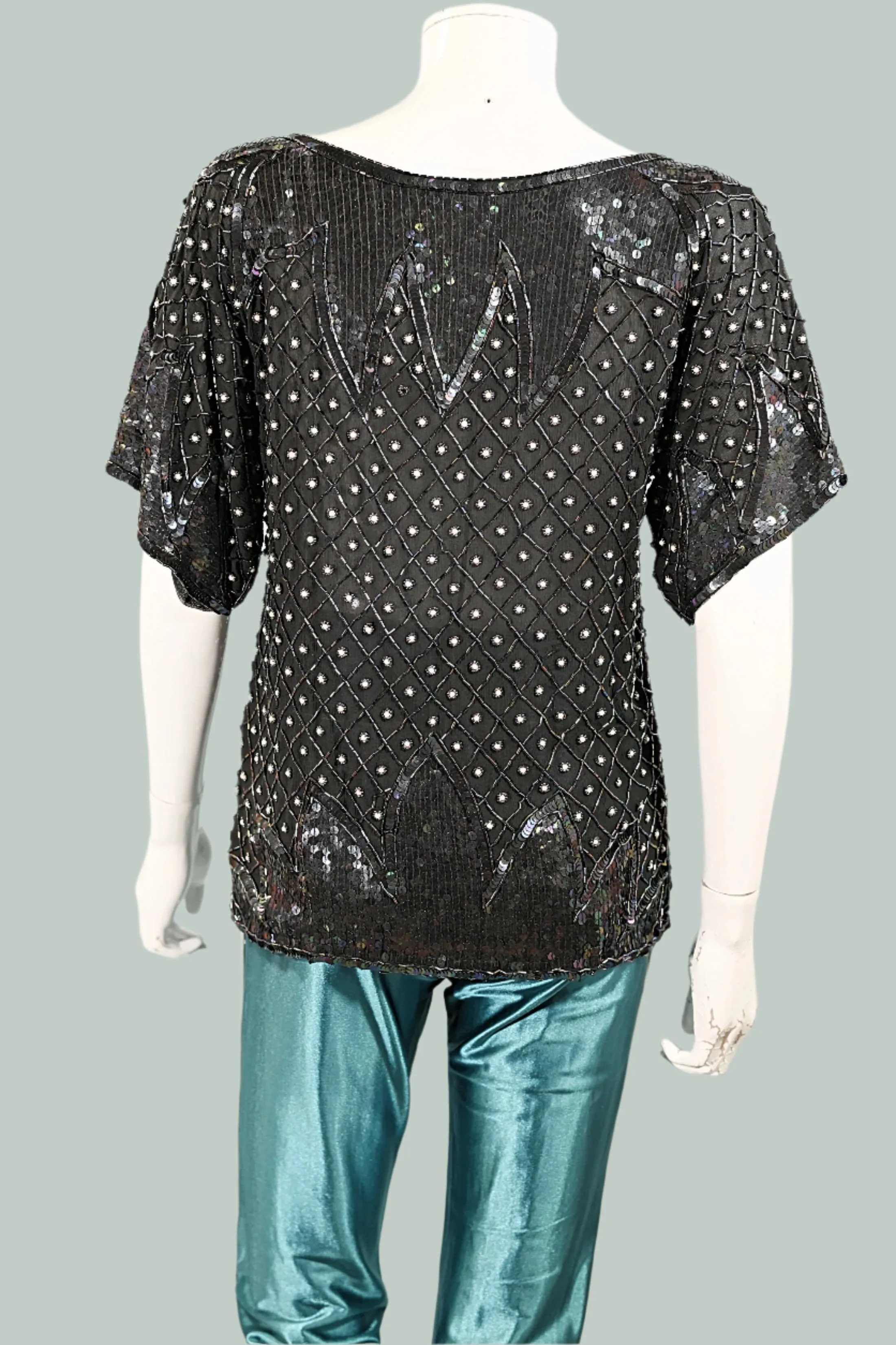 70s Black Silk Beaded/Sequin Top, Relaxed Fit Party Top S