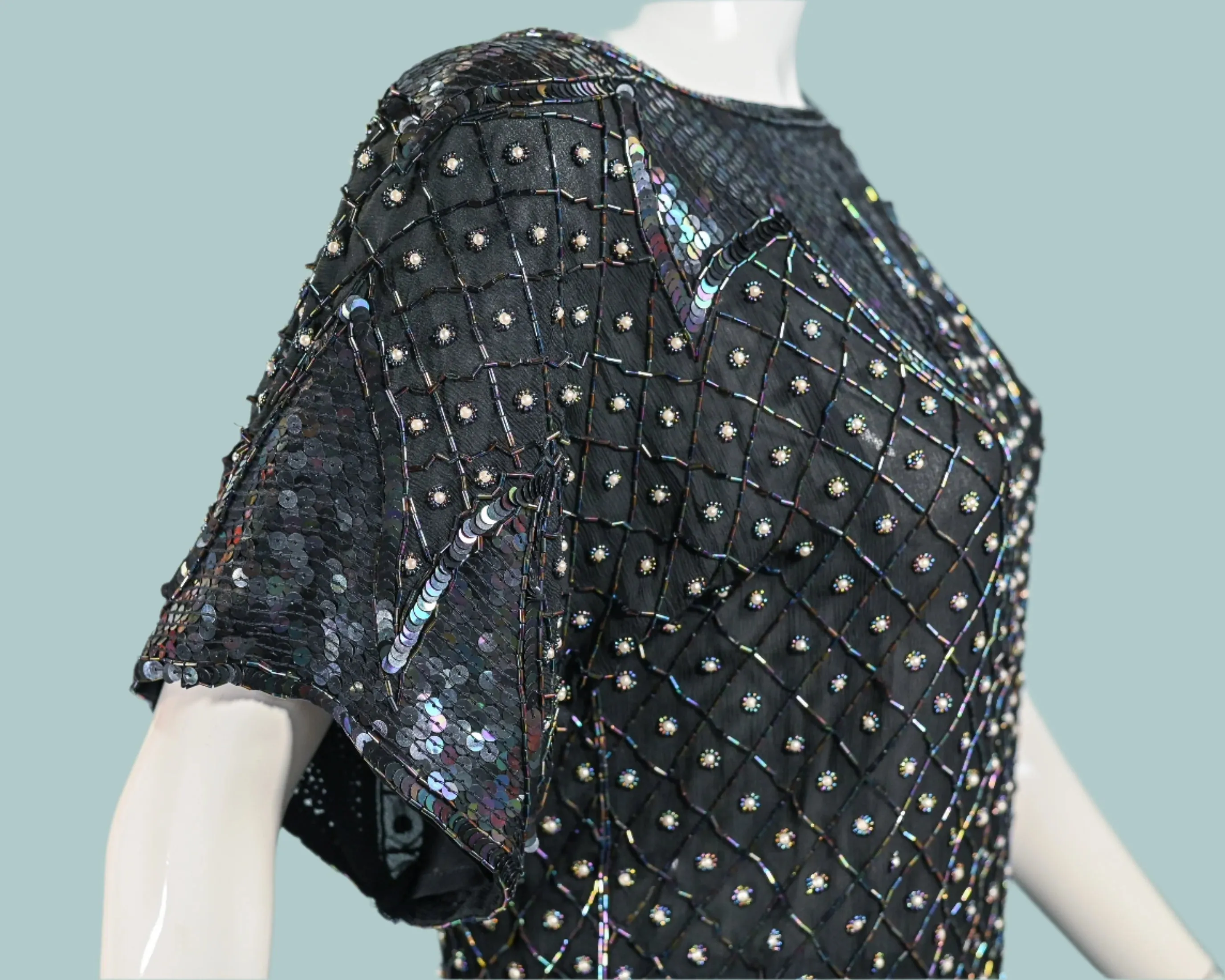 70s Black Silk Beaded/Sequin Top, Relaxed Fit Party Top S