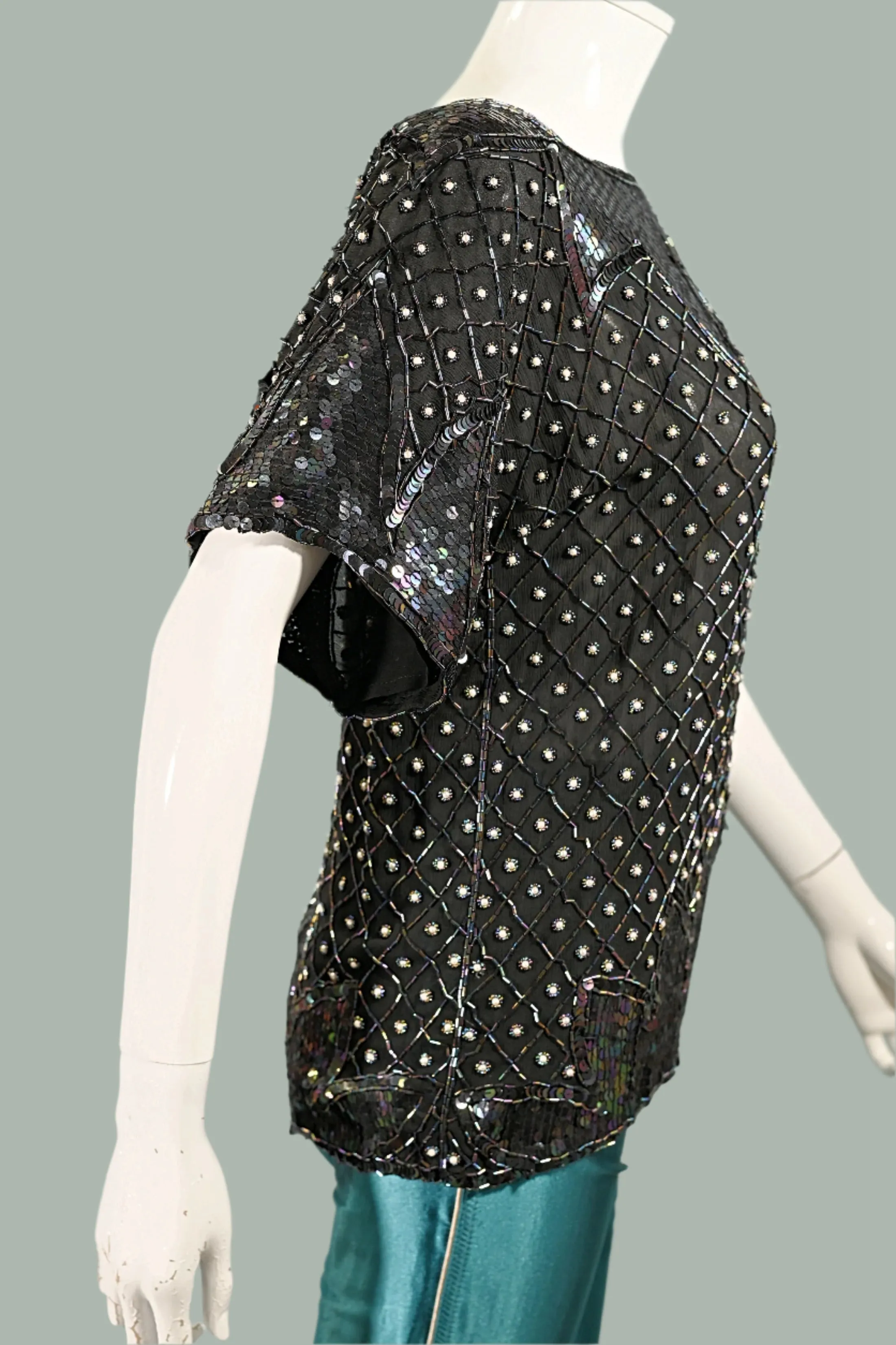 70s Black Silk Beaded/Sequin Top, Relaxed Fit Party Top S