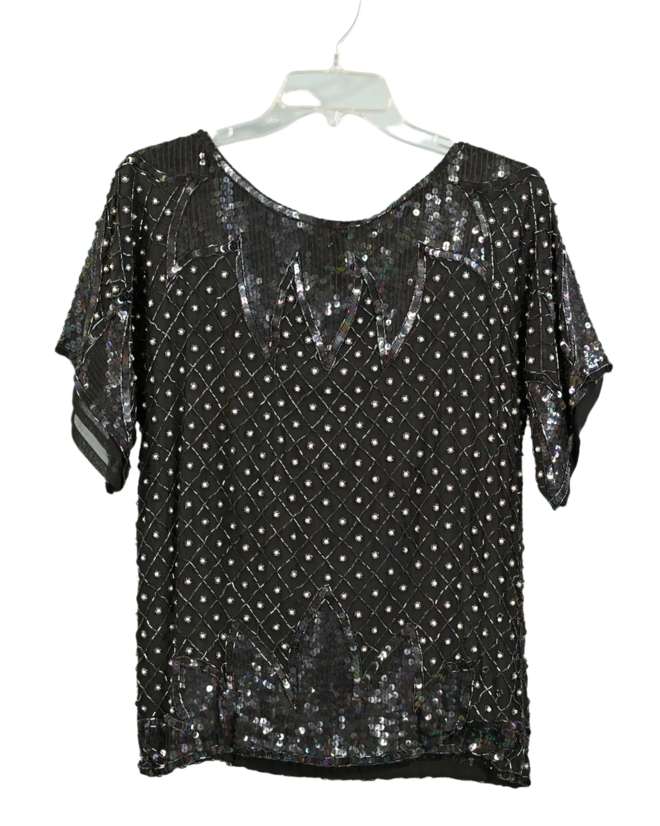 70s Black Silk Beaded/Sequin Top, Relaxed Fit Party Top S