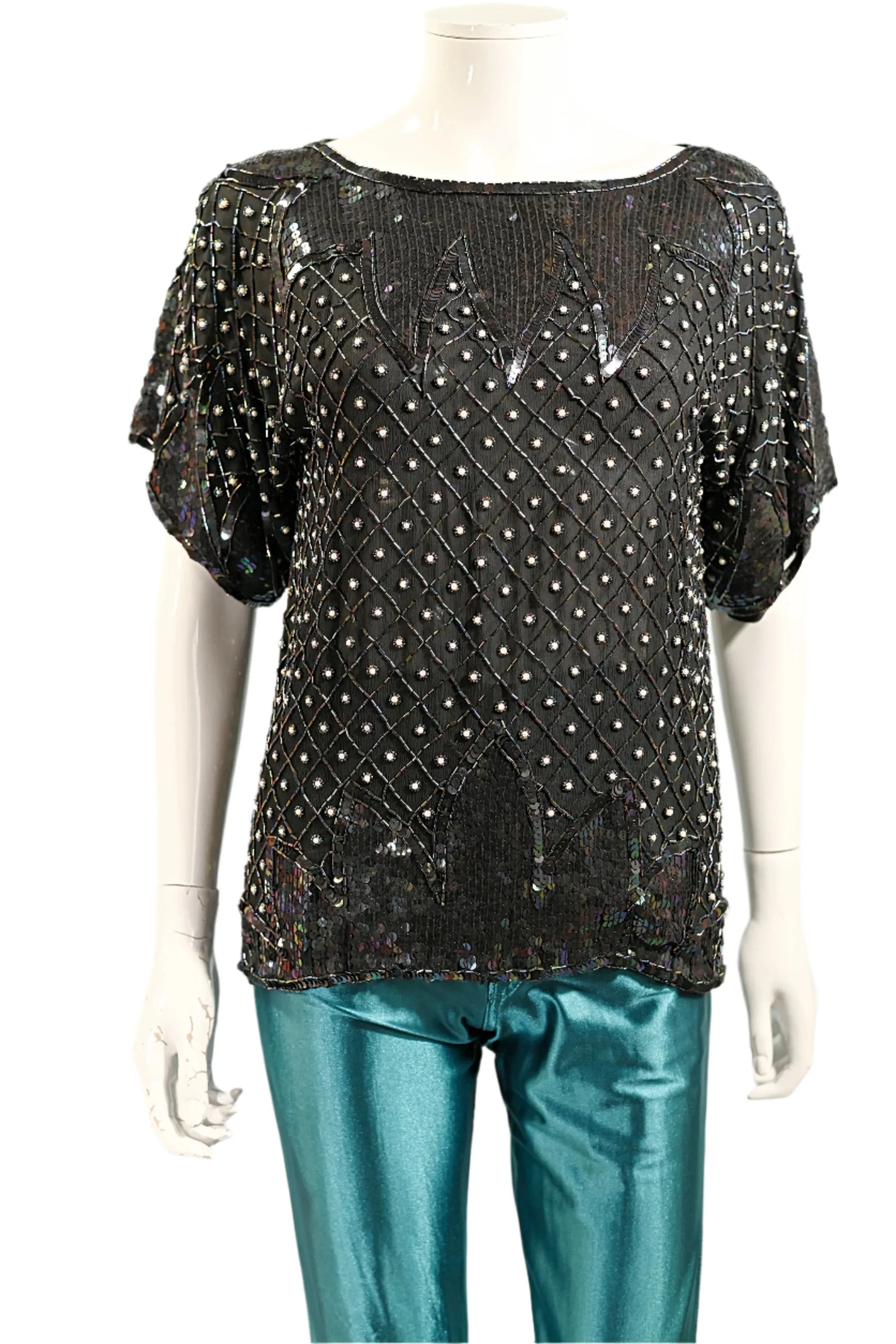 70s Black Silk Beaded/Sequin Top, Relaxed Fit Party Top S