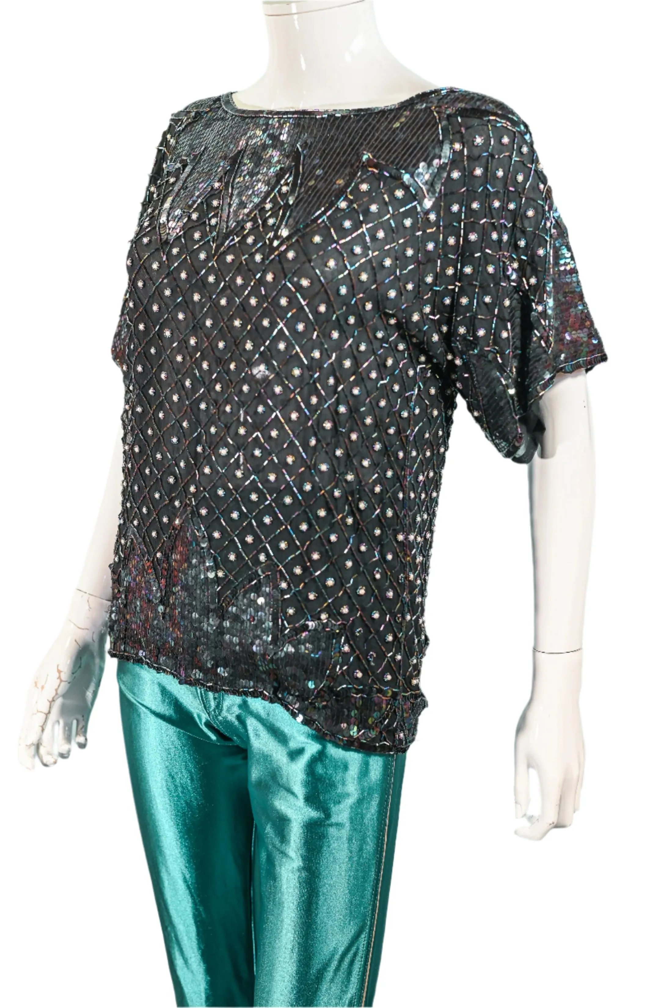 70s Black Silk Beaded/Sequin Top, Relaxed Fit Party Top S