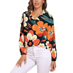 70s Style Blouse, 70s Clothing Women, Floral Top, Boho Top, Boho Style Top, Vintage Style Blouse, Black Orange Floral Blouse, semi sheer top
