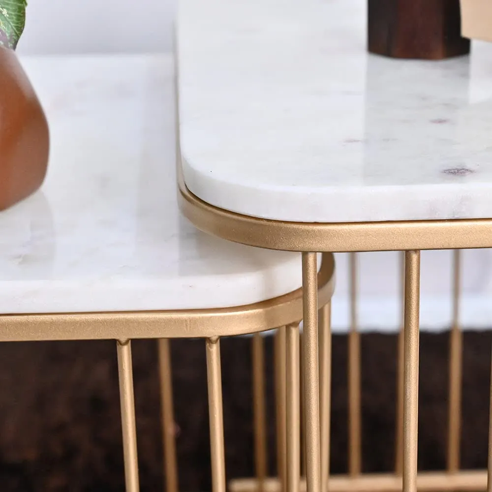 amaflip Debby Nesting Coffee Table with Real Marble for Living Room Office Home in Gold Finish (Set of 2)