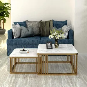 amaflip Debby Nesting Coffee Table with Real Marble for Living Room Office Home in Gold Finish (Set of 2)