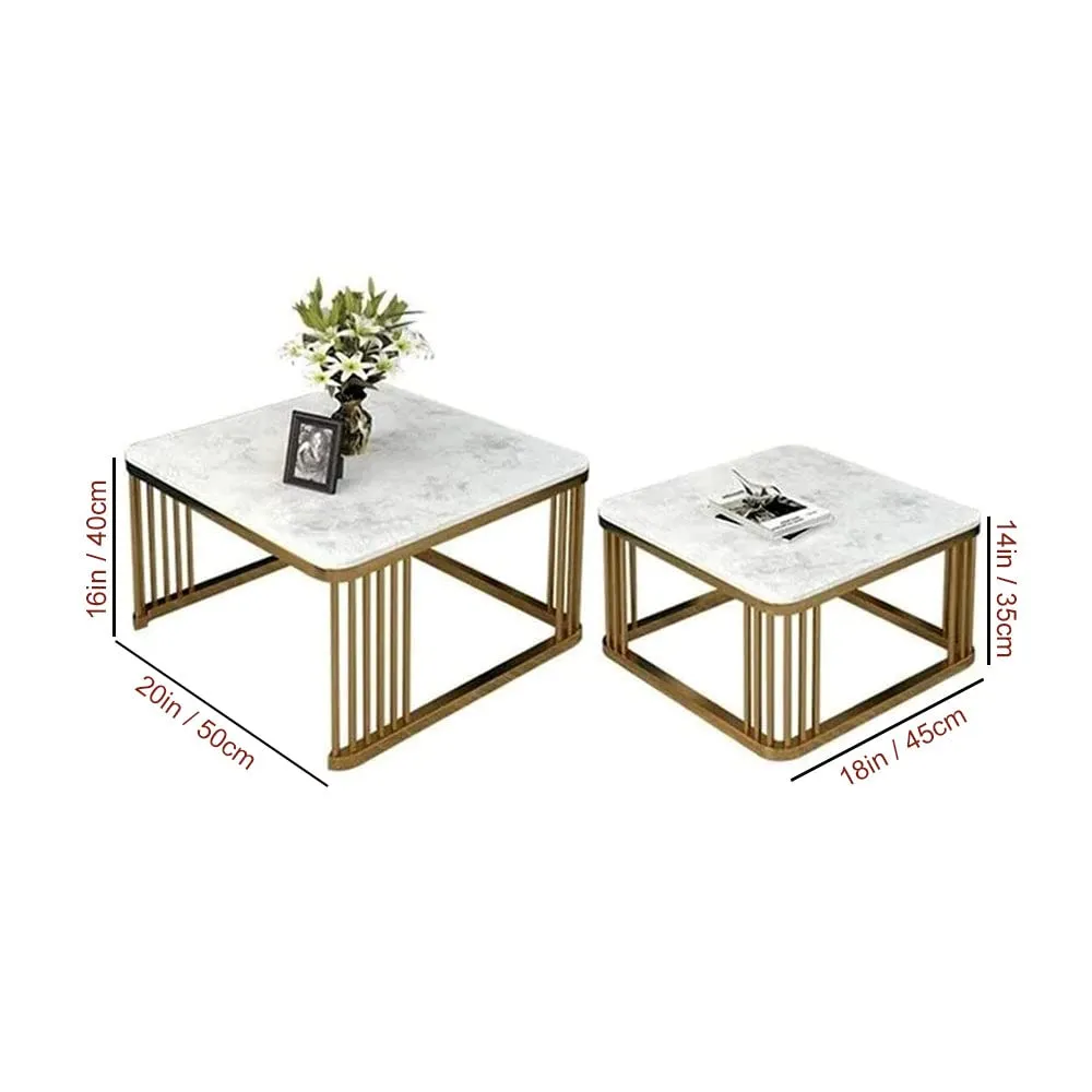 amaflip Debby Nesting Coffee Table with Real Marble for Living Room Office Home in Gold Finish (Set of 2)