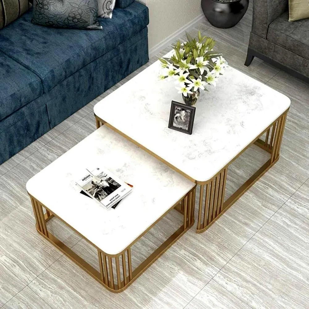 amaflip Debby Nesting Coffee Table with Real Marble for Living Room Office Home in Gold Finish (Set of 2)