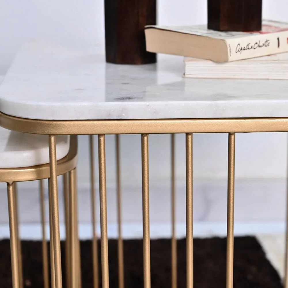 amaflip Debby Nesting Coffee Table with Real Marble for Living Room Office Home in Gold Finish (Set of 2)