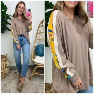 Anahi Mix Fabric Contrast Sleeve Top