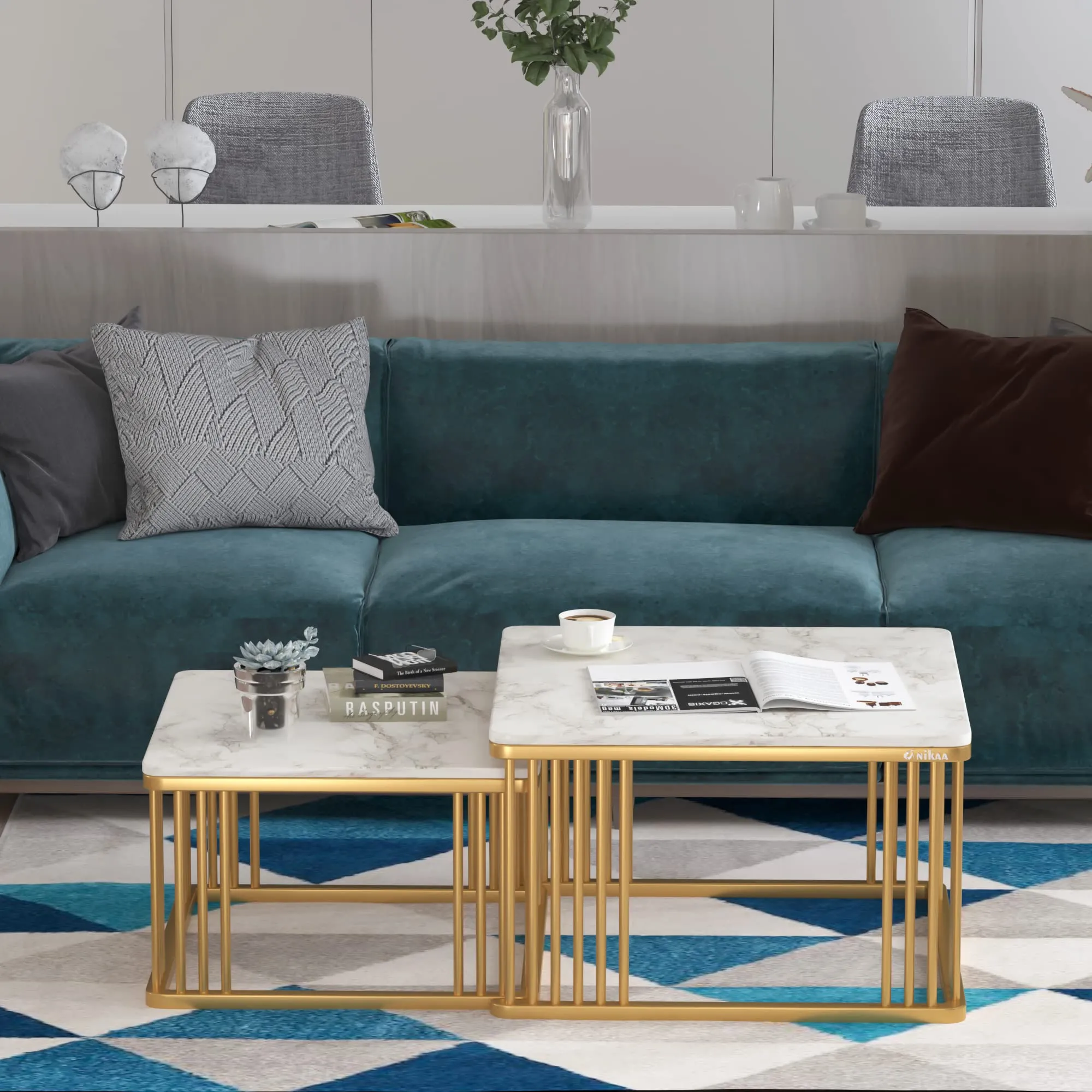 Anikaa Devon Nesting Table with Real Marble/Marble Coffee Table for Living Room Home Office in Gold Finish (Set of 2)
