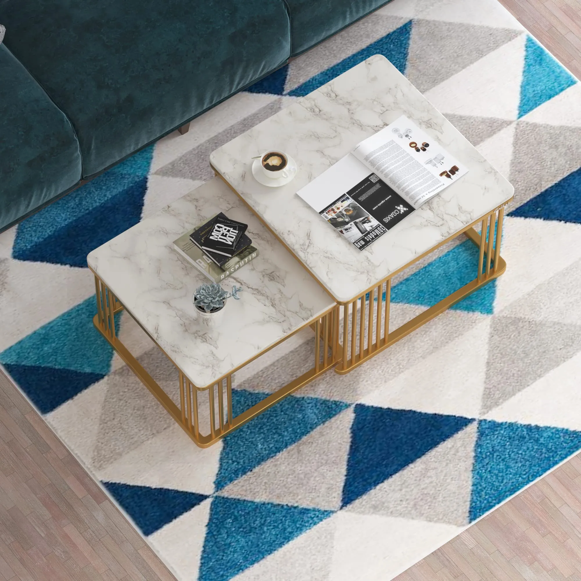 Anikaa Devon Nesting Table with Real Marble/Marble Coffee Table for Living Room Home Office in Gold Finish (Set of 2)