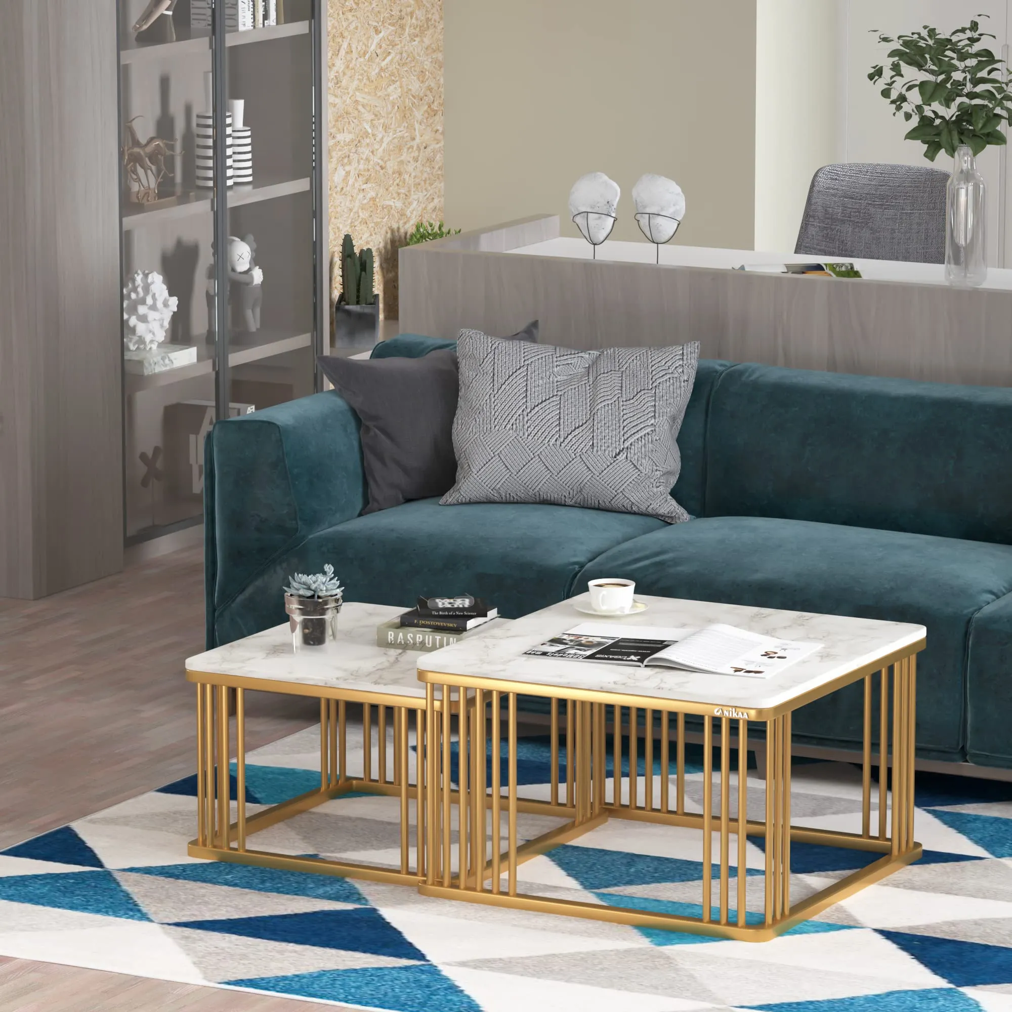 Anikaa Devon Nesting Table with Real Marble/Marble Coffee Table for Living Room Home Office in Gold Finish (Set of 2)