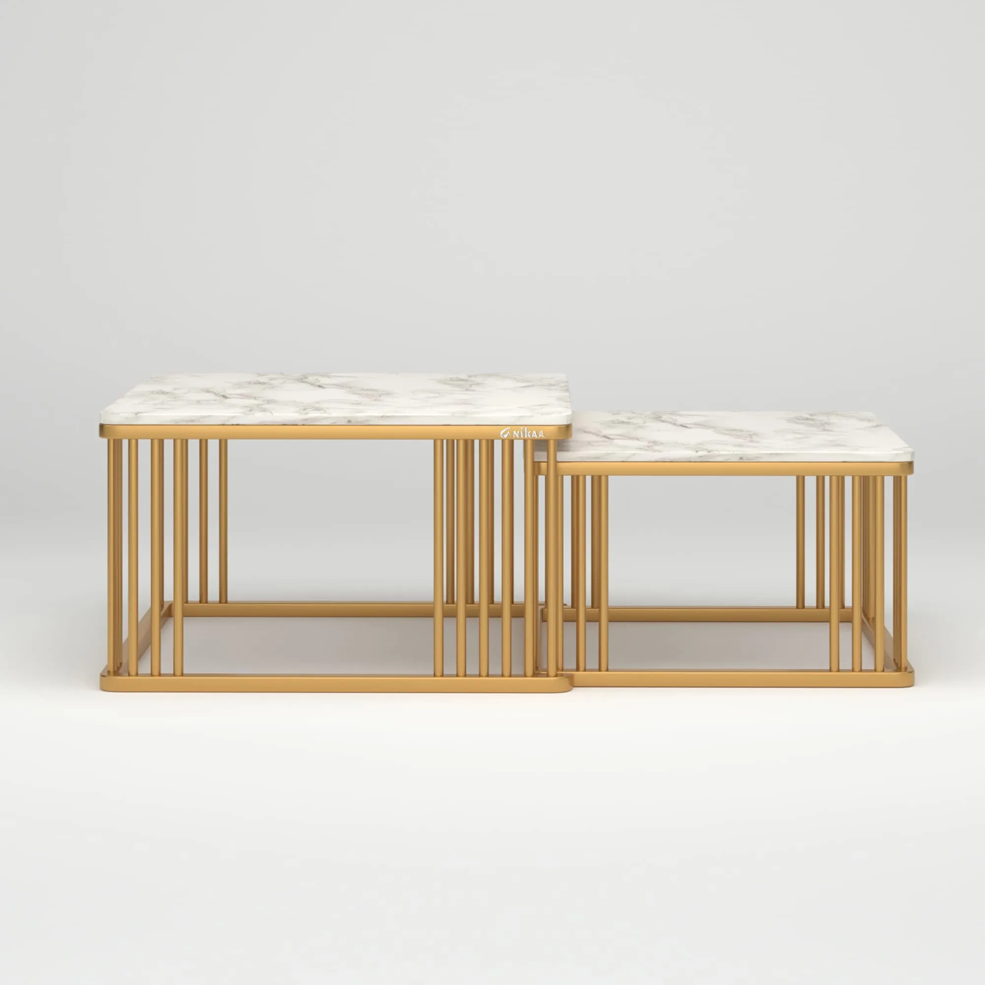 Anikaa Devon Nesting Table with Real Marble/Marble Coffee Table for Living Room Home Office in Gold Finish (Set of 2)