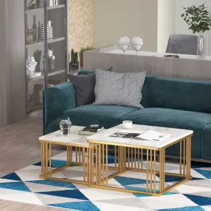 Anikaa Devon Nesting Table with Real Marble/Marble Coffee Table for Living Room Home Office in Gold Finish (Set of 2)