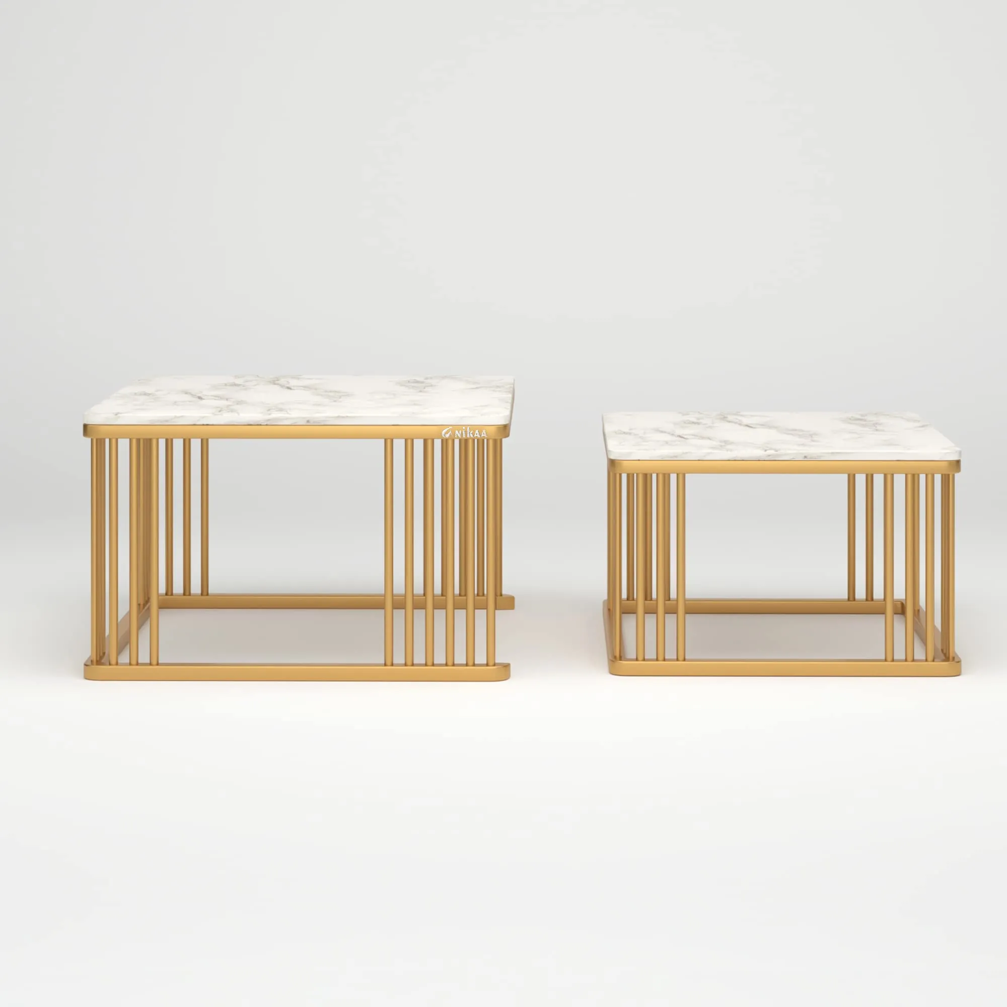 Anikaa Devon Nesting Table with Real Marble/Marble Coffee Table for Living Room Home Office in Gold Finish (Set of 2)