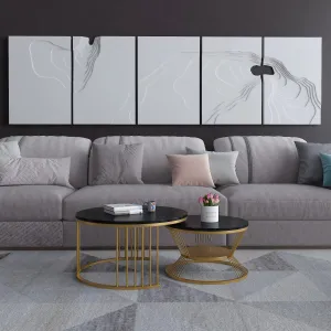 Anikaa Harvy Round Marble Nesting Table/Marble Coffee Table/Nesting Table for Living Room/Tea Table with Golden Round Stand - (Set of 2)