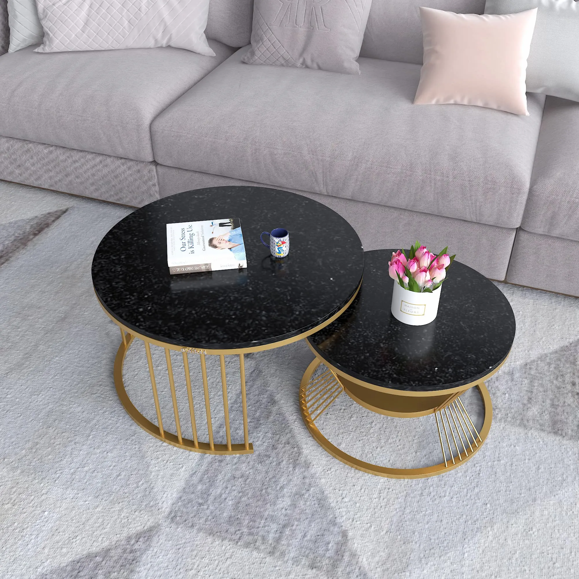 Anikaa Harvy Round Marble Nesting Table/Marble Coffee Table/Nesting Table for Living Room/Tea Table with Golden Round Stand - (Set of 2)