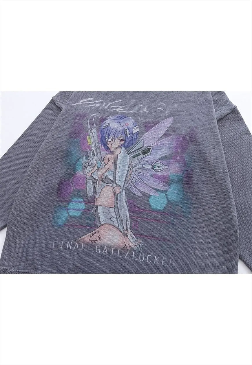 Anime girl sweater Manga knit distressed Kawaii jumper black