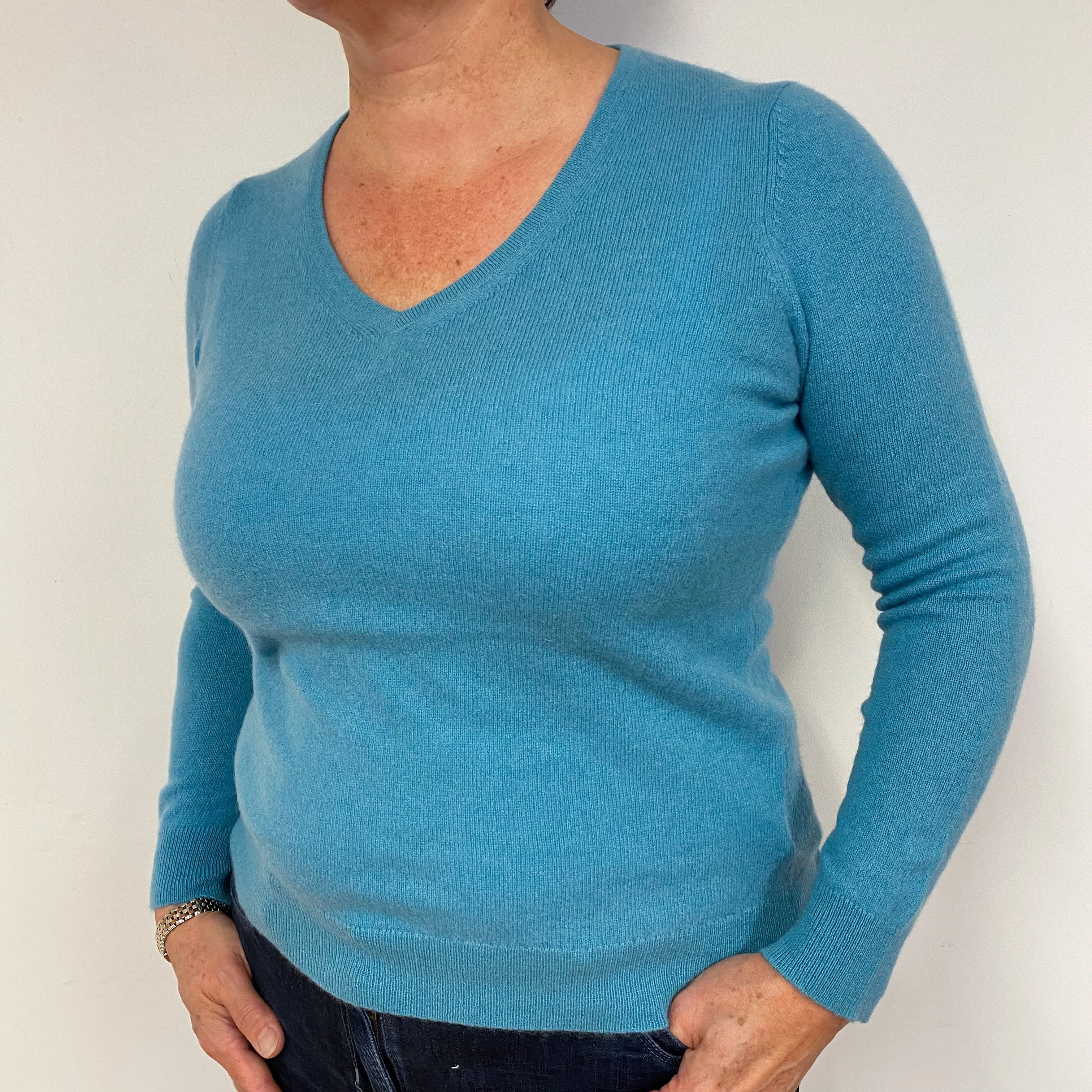 Aqua Blue Cashmere V-Neck Jumper Large