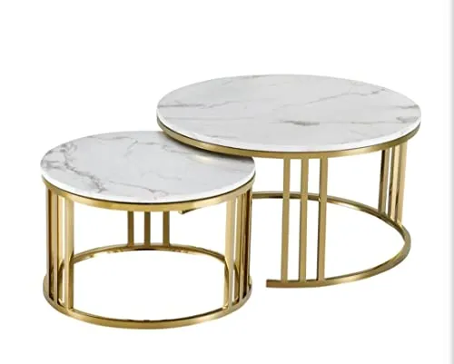 Art and Craft Valley Golden Coffee Table Set of 2 for Living Room, Dining Hall, Bedroom Center Size 24 inch, Small Center Size 18 inch (Mild Steel)