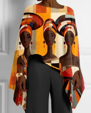 Artistic Ethnic Style Black Print Irregular Hem Ladies Top