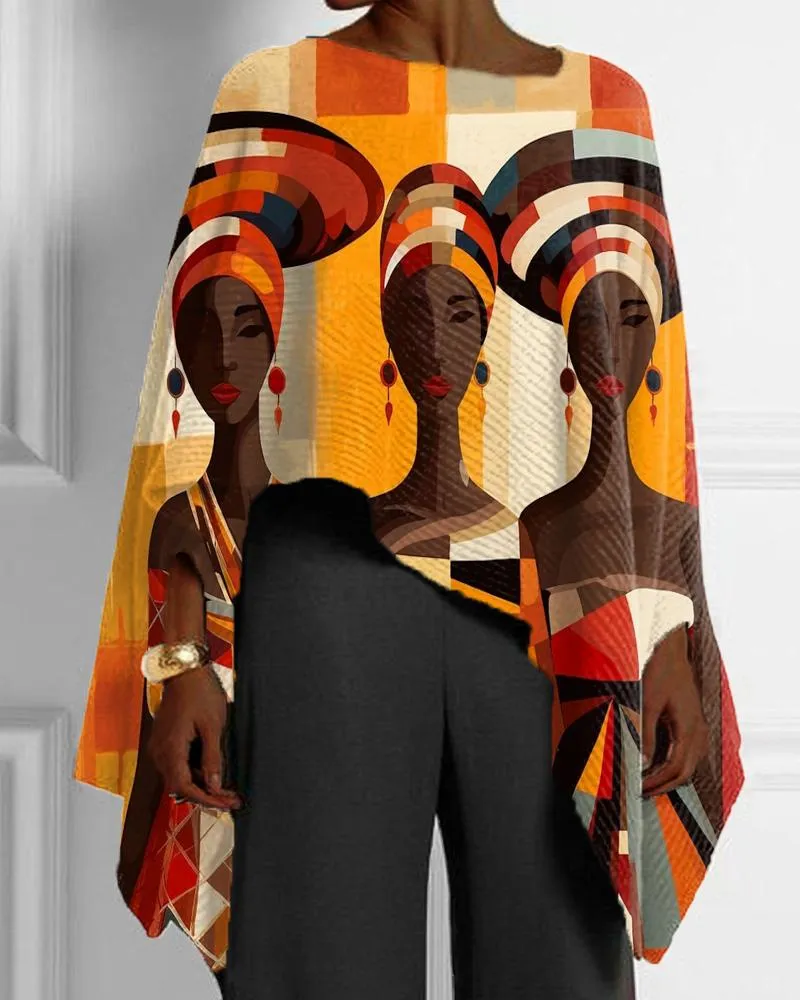 Artistic Ethnic Style Black Print Irregular Hem Ladies Top