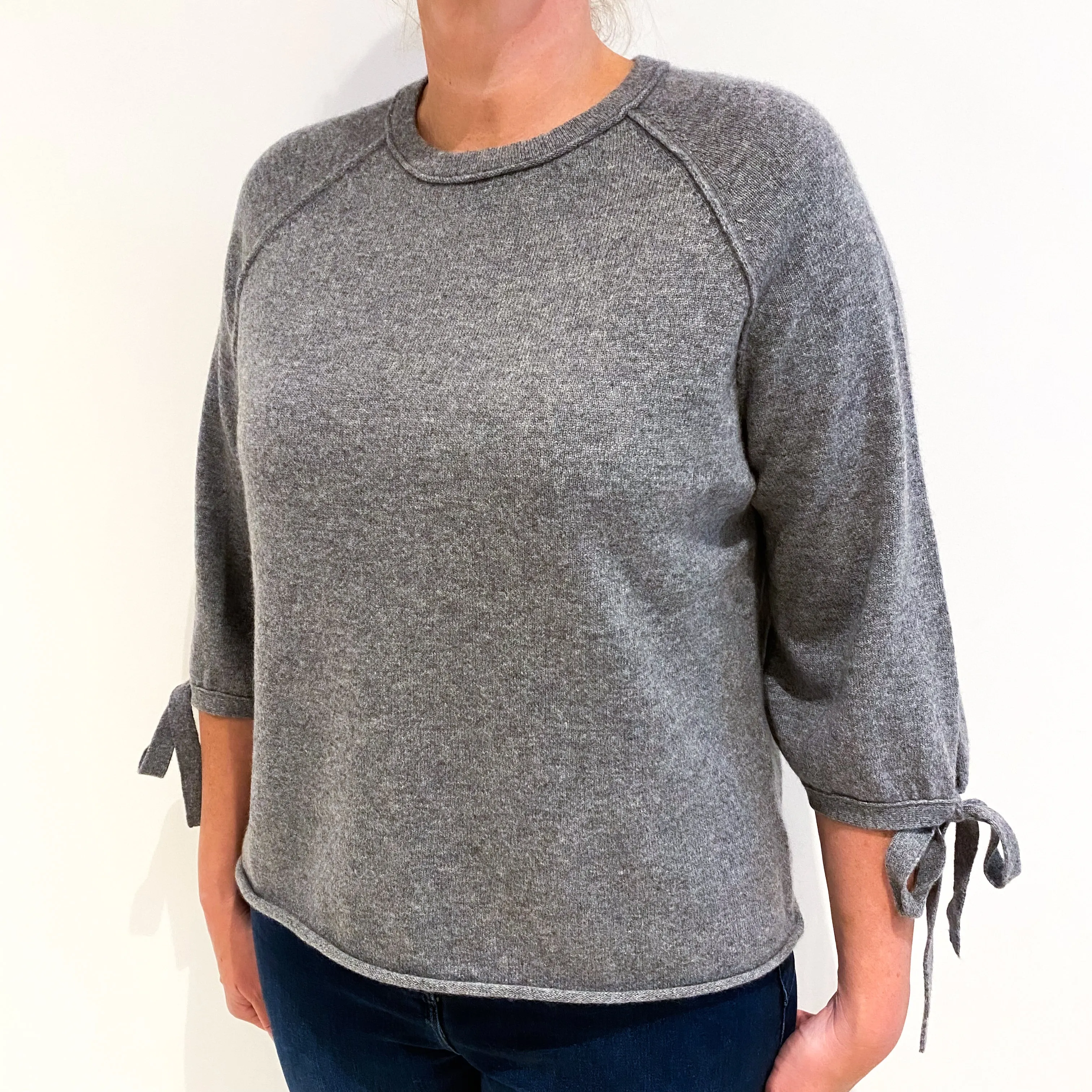 Ash Grey Tie Cuffs Cashmere Crew Neck Jumper Large