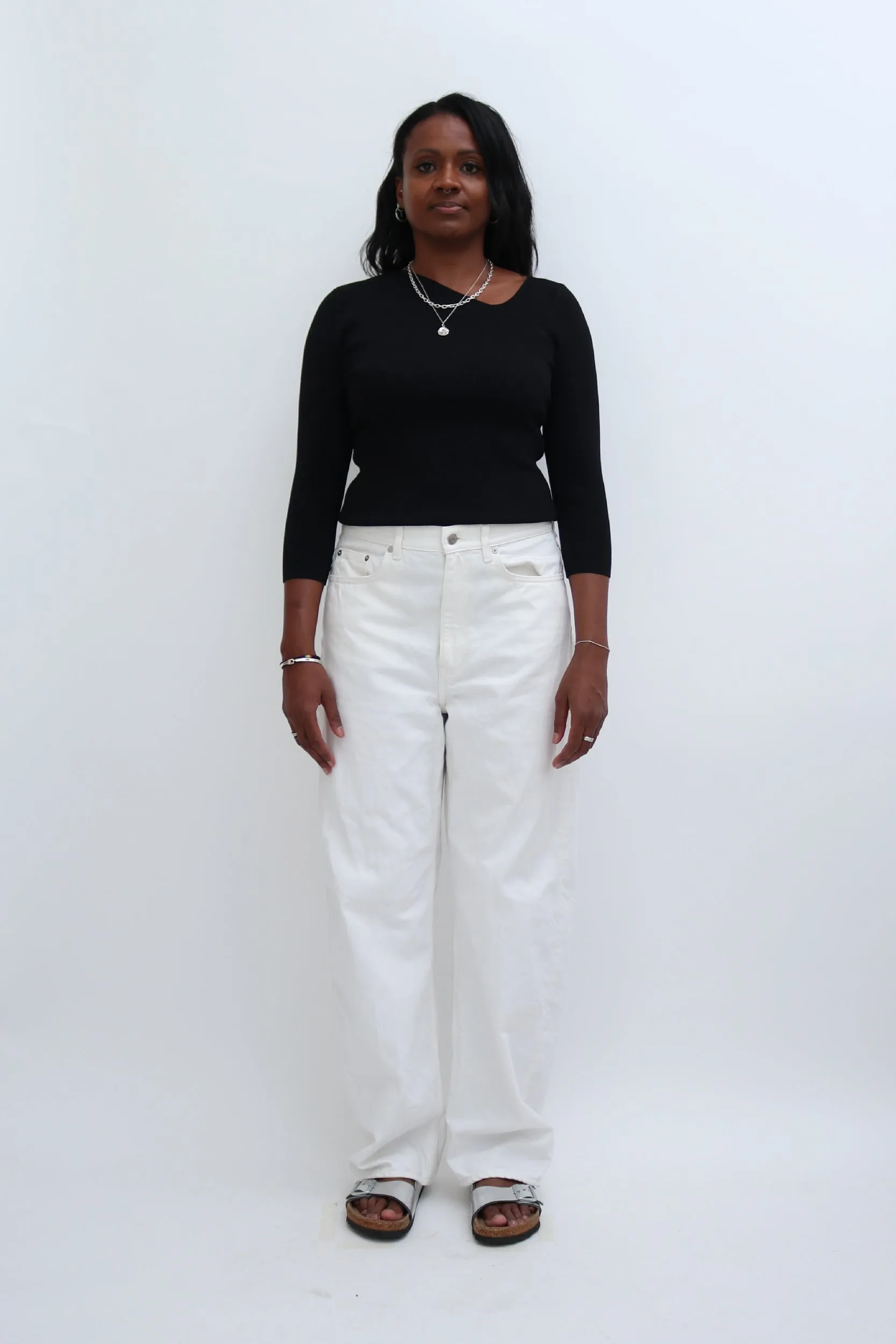 ASYMMETRIC NECK RIBBED LONG SLEEVE TOP