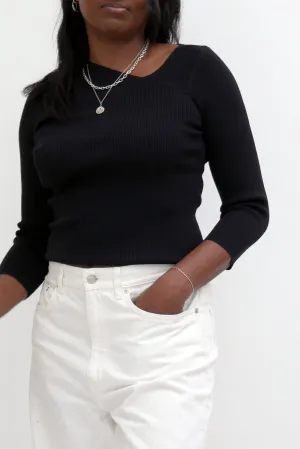 ASYMMETRIC NECK RIBBED LONG SLEEVE TOP