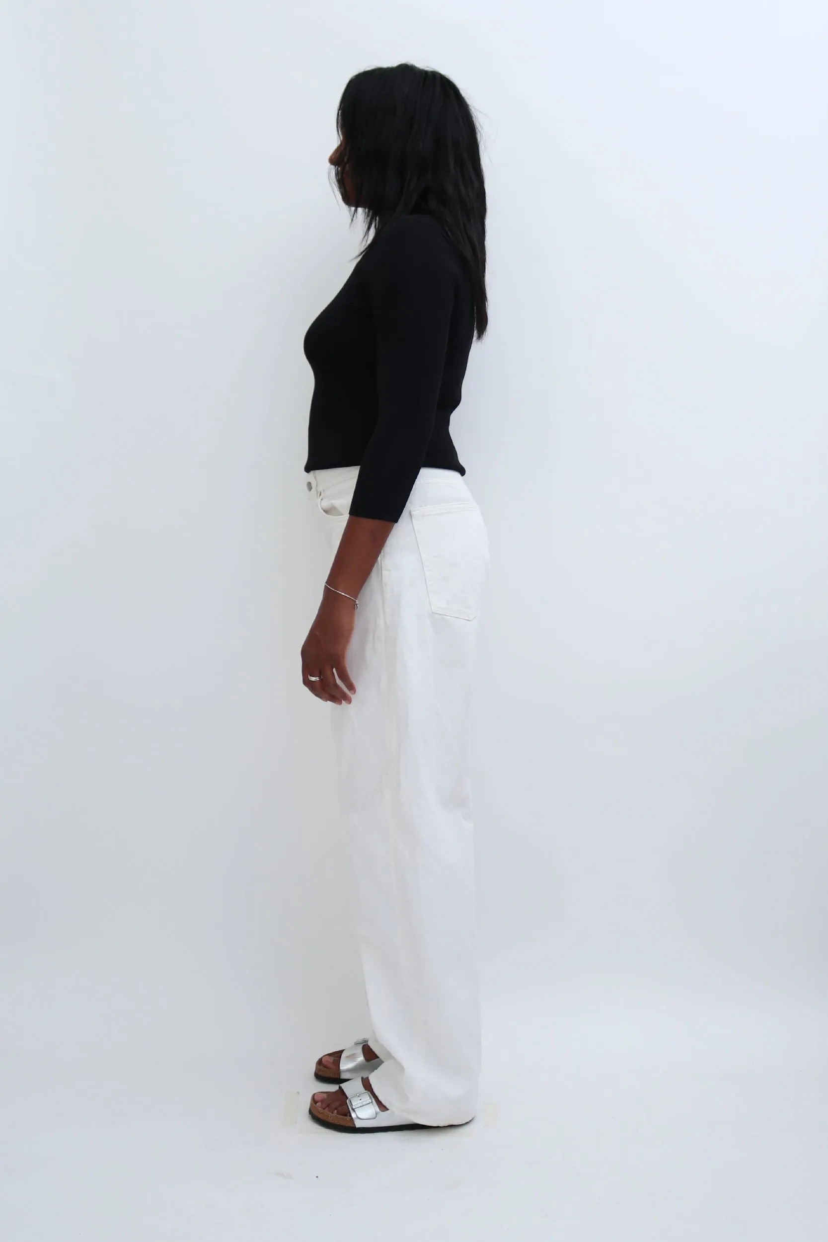 ASYMMETRIC NECK RIBBED LONG SLEEVE TOP