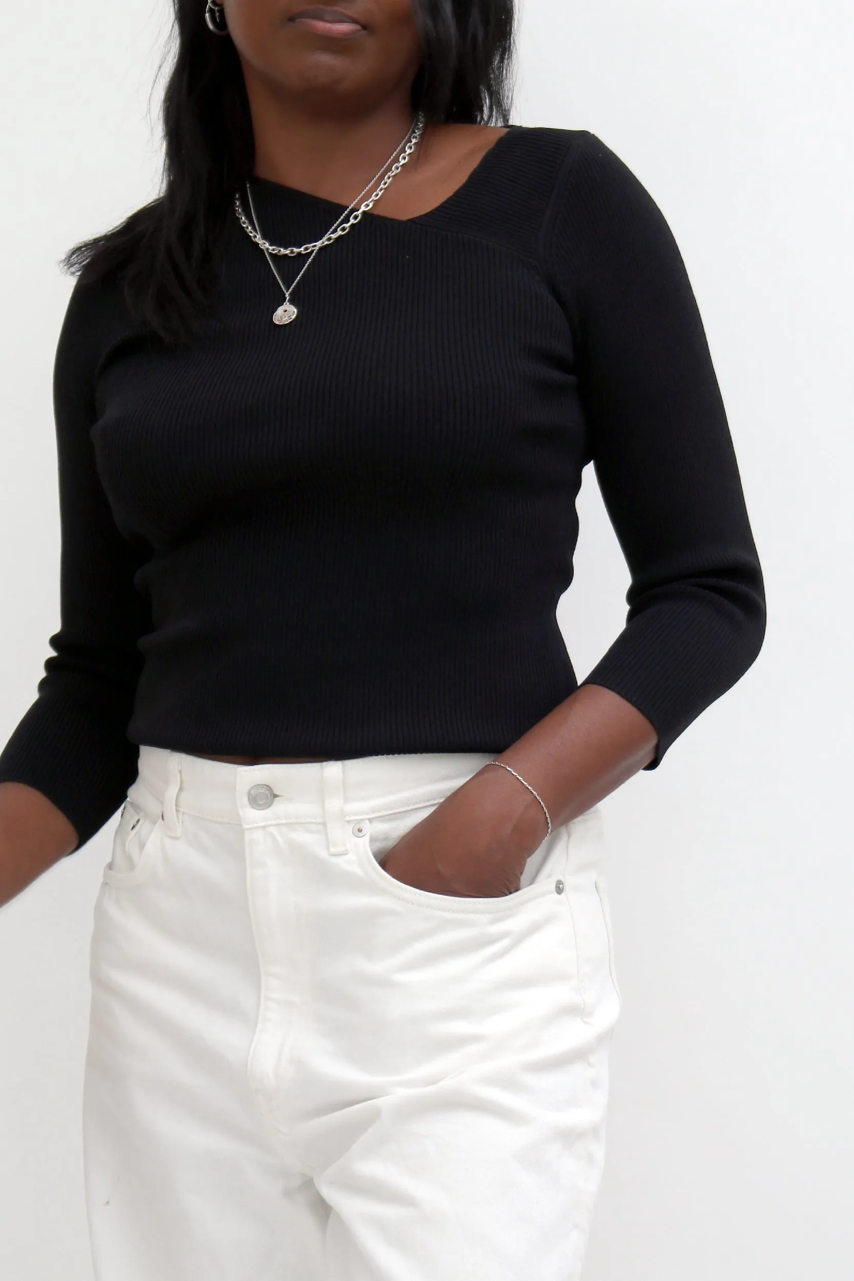 ASYMMETRIC NECK RIBBED LONG SLEEVE TOP