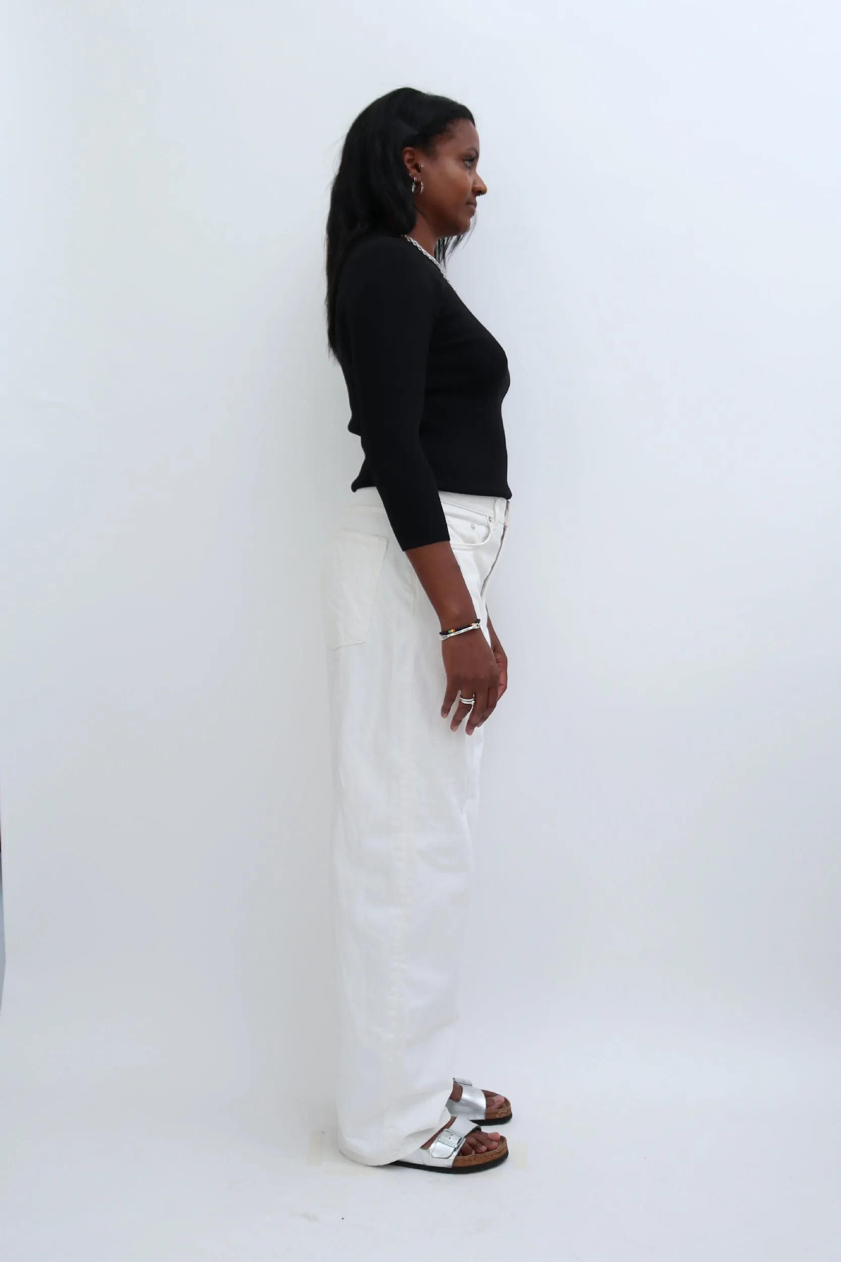 ASYMMETRIC NECK RIBBED LONG SLEEVE TOP