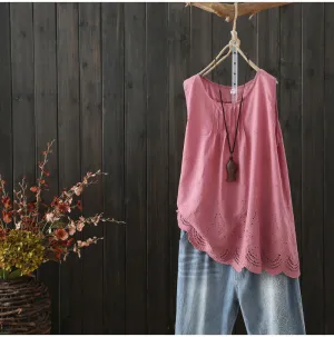AUTUMN SLEEVELESS SMOCK TOP WITH BROIDERY HEM