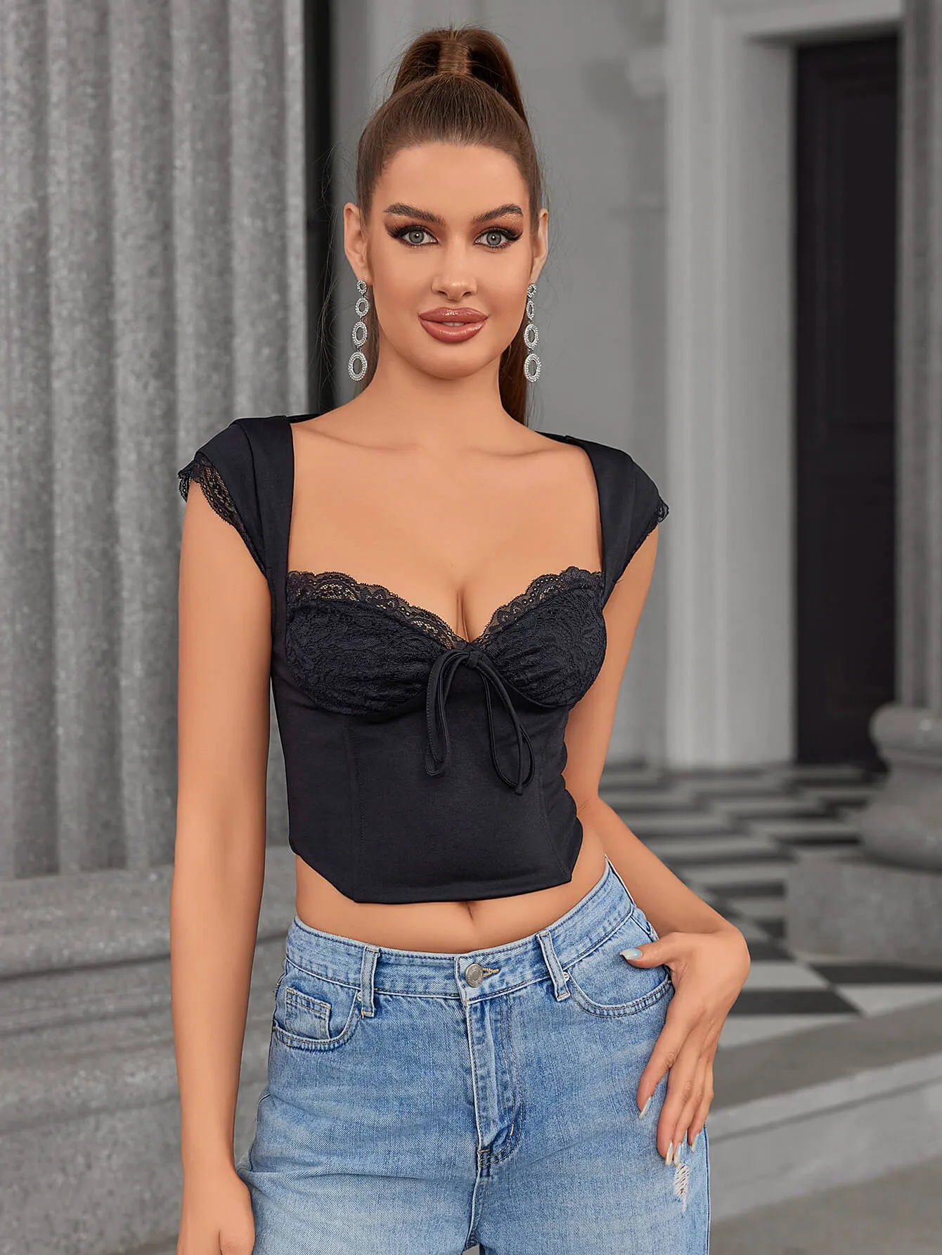 Backless Lace Spliced Boning Corset Crop Top