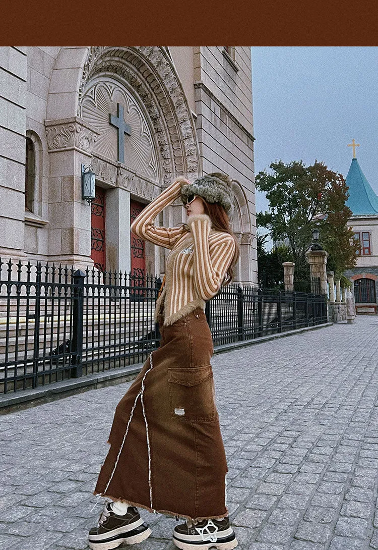 Beer Club Striped Patchwork Long Sleeve Button Up Top