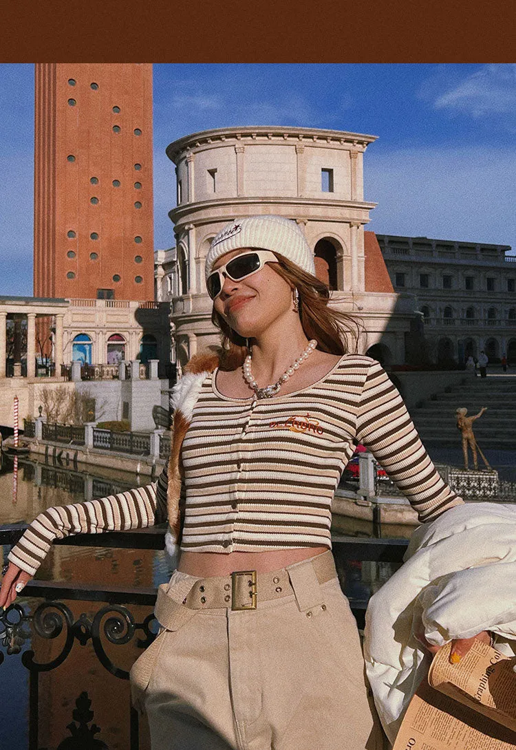 BEERBRO Stripe Long Sleeve Slim Button Up Cropped Top