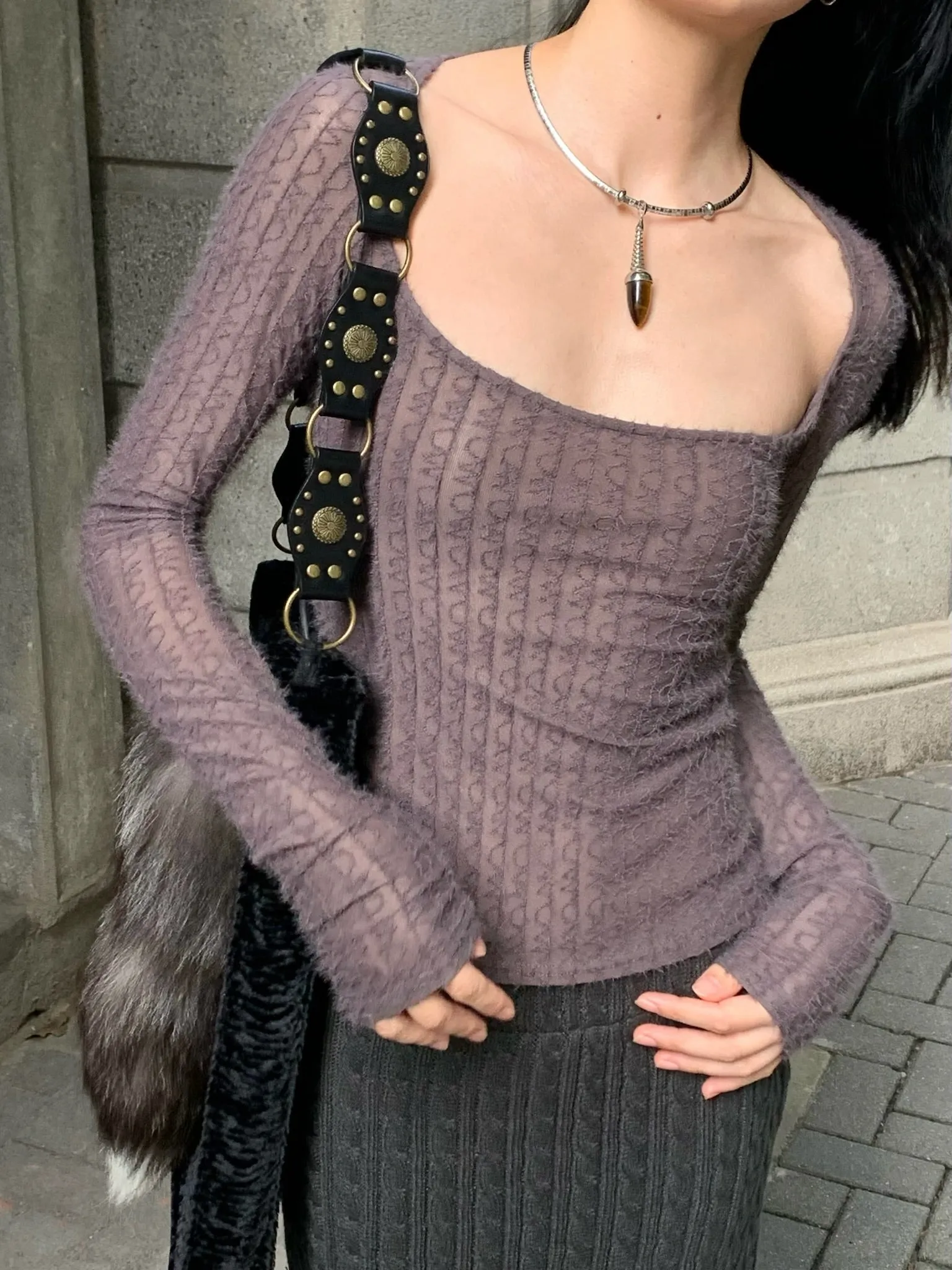 Big neckline  purple-grey top