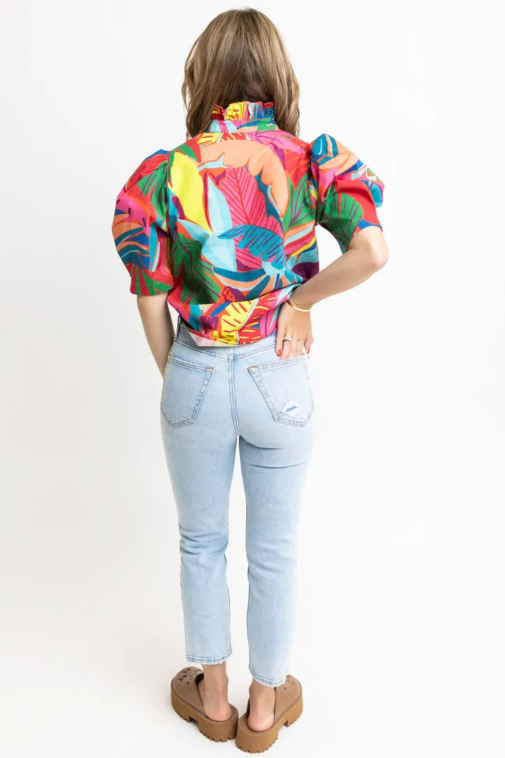 Birds of Paradise Button Puff Sleeve Top